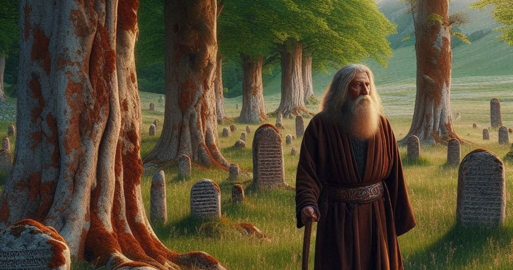 Un sabio de oriente caminando en un prado hermoso con árboles y piedras inscritas como lápidas de un bosque hermoso